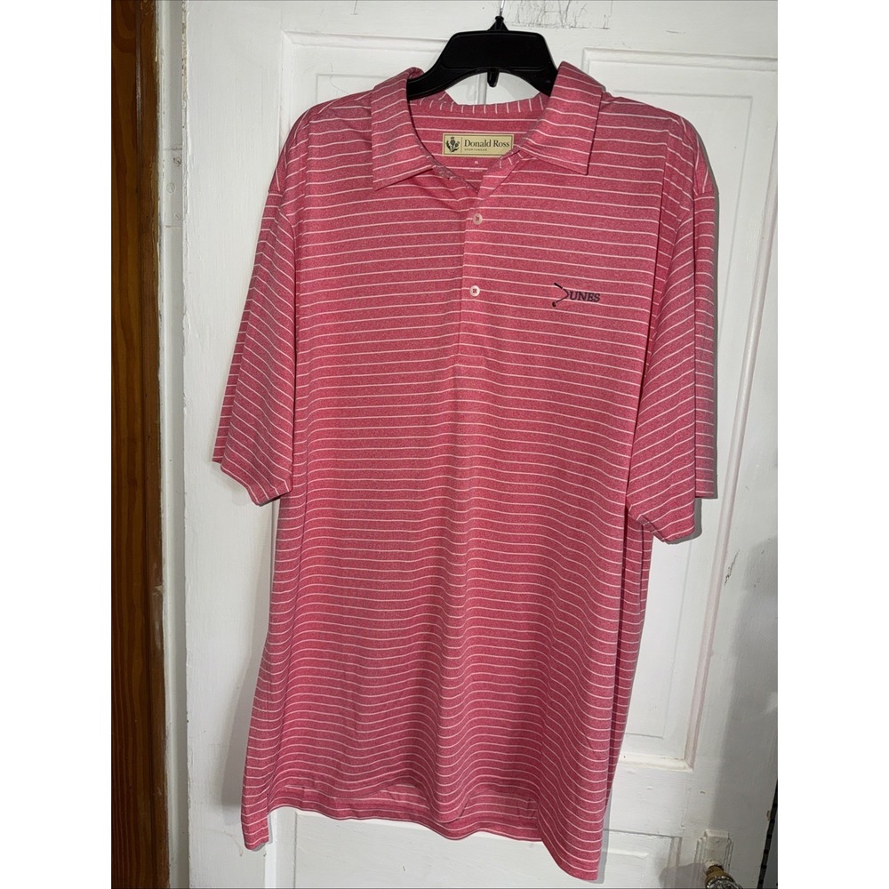 Donald Ross Polo Shirt Men XL Pink & White Striped The Dunes Club‎ Logo On Chest